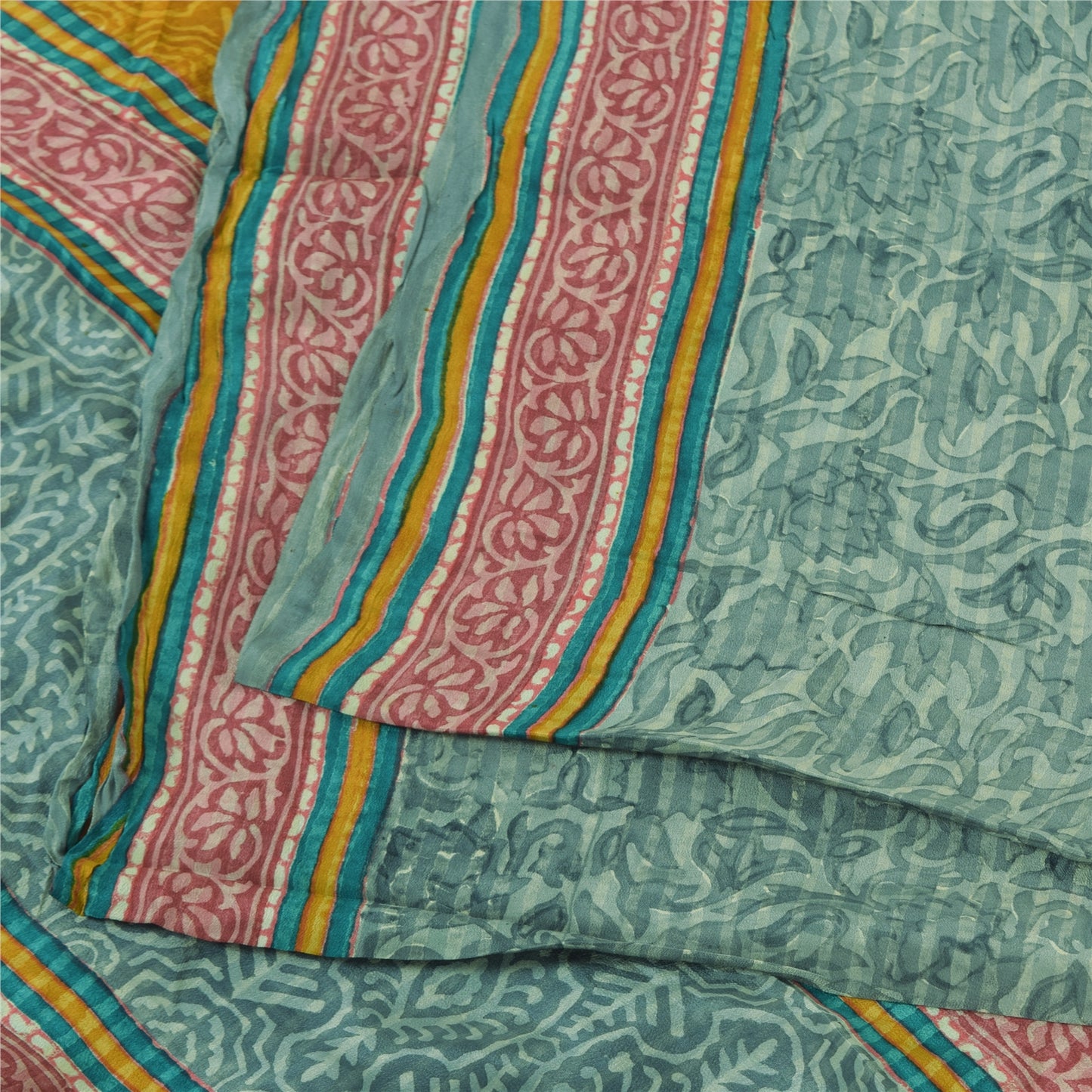 Sanskriti Vintage Sarees Green Pure Crepe Silk Printed Sari 6+yd Craft Fabric