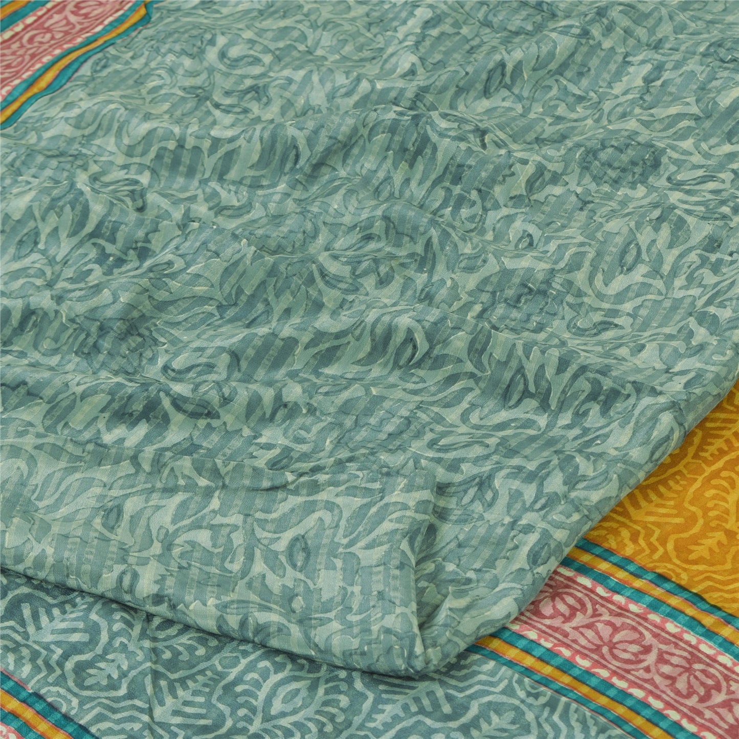 Sanskriti Vintage Sarees Green Pure Crepe Silk Printed Sari 6+yd Craft Fabric