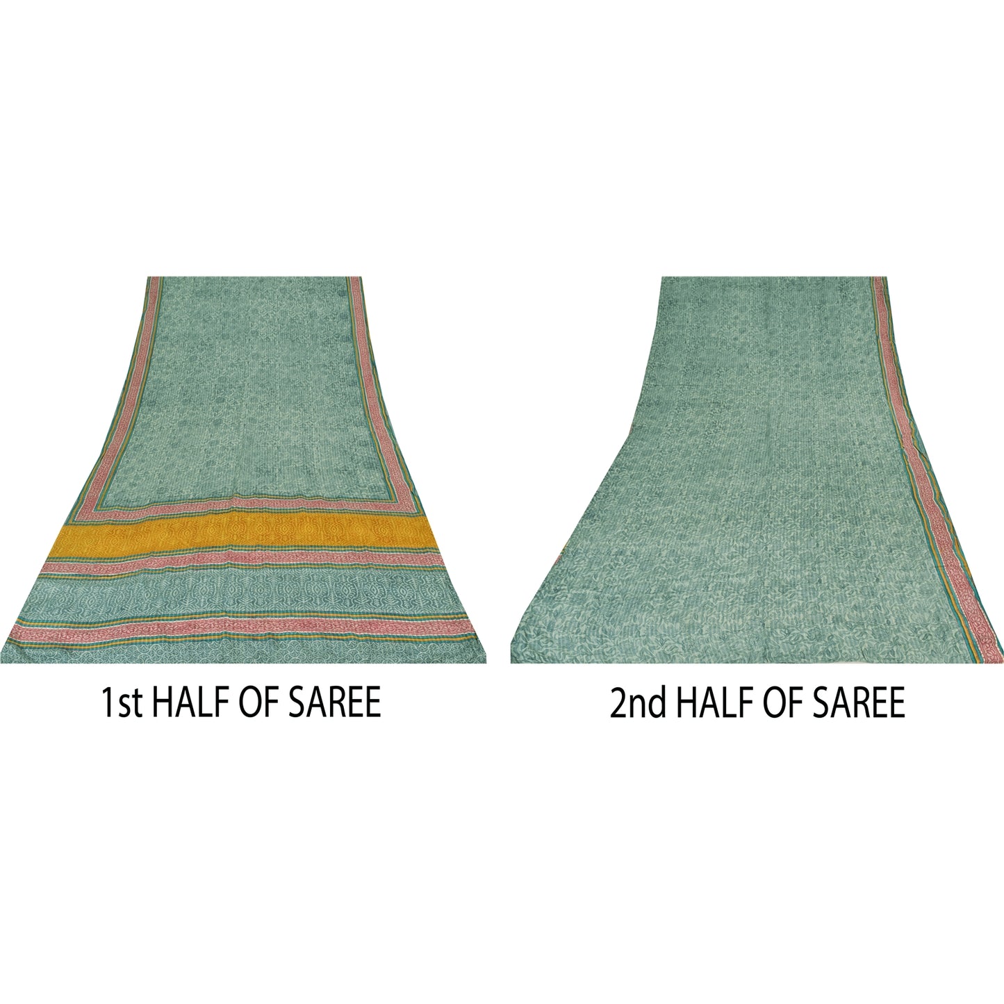 Sanskriti Vintage Sarees Green Pure Crepe Silk Printed Sari 6+yd Craft Fabric