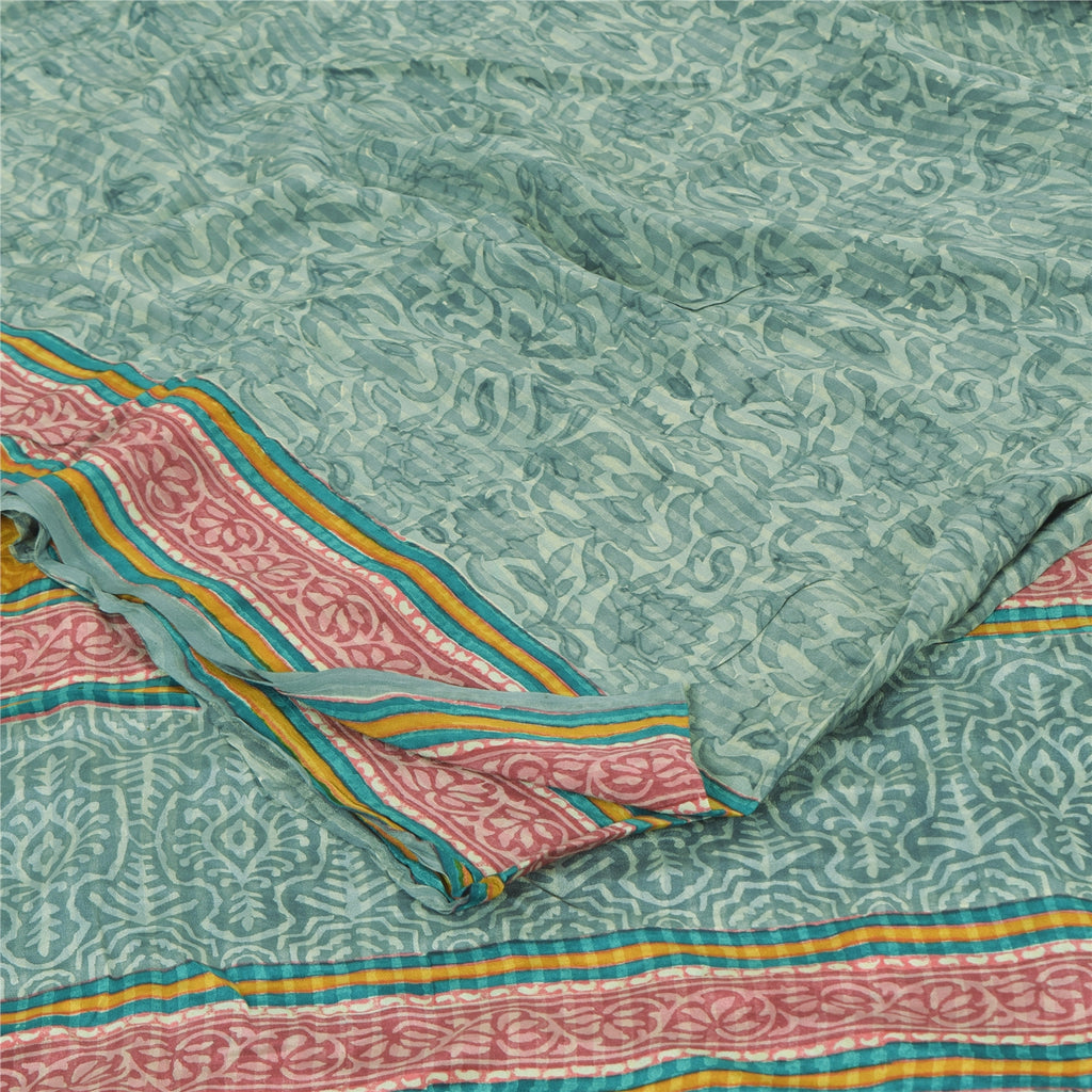 Sanskriti Vintage Sarees Green Pure Crepe Silk Printed Sari 6+yd Craft Fabric