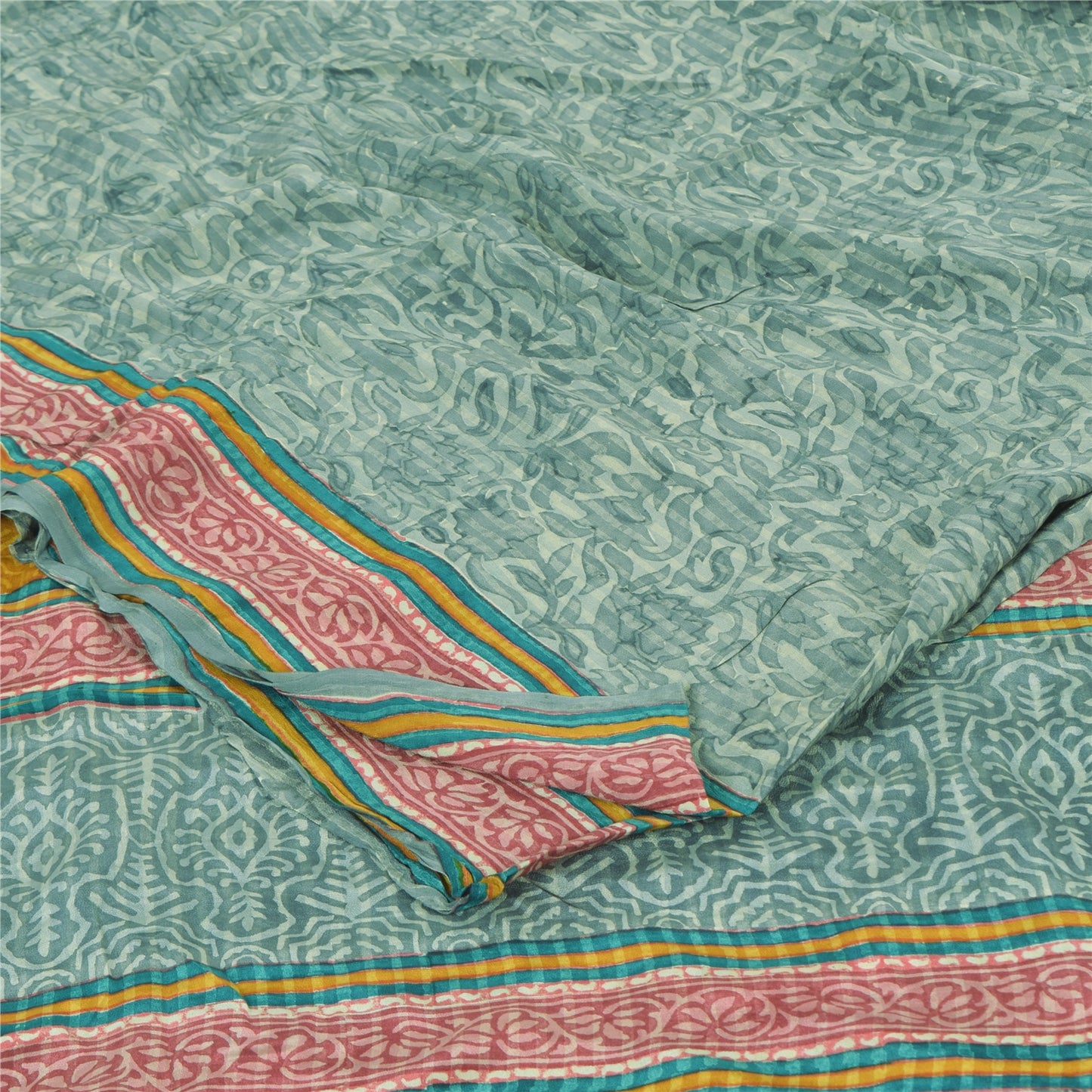 Sanskriti Vintage Sarees Green Pure Crepe Silk Printed Sari 6+yd Craft Fabric