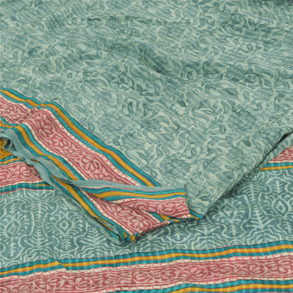 Sanskriti Vintage Sarees Green Pure Crepe Silk Printed Sari 6+yd Craft Fabric