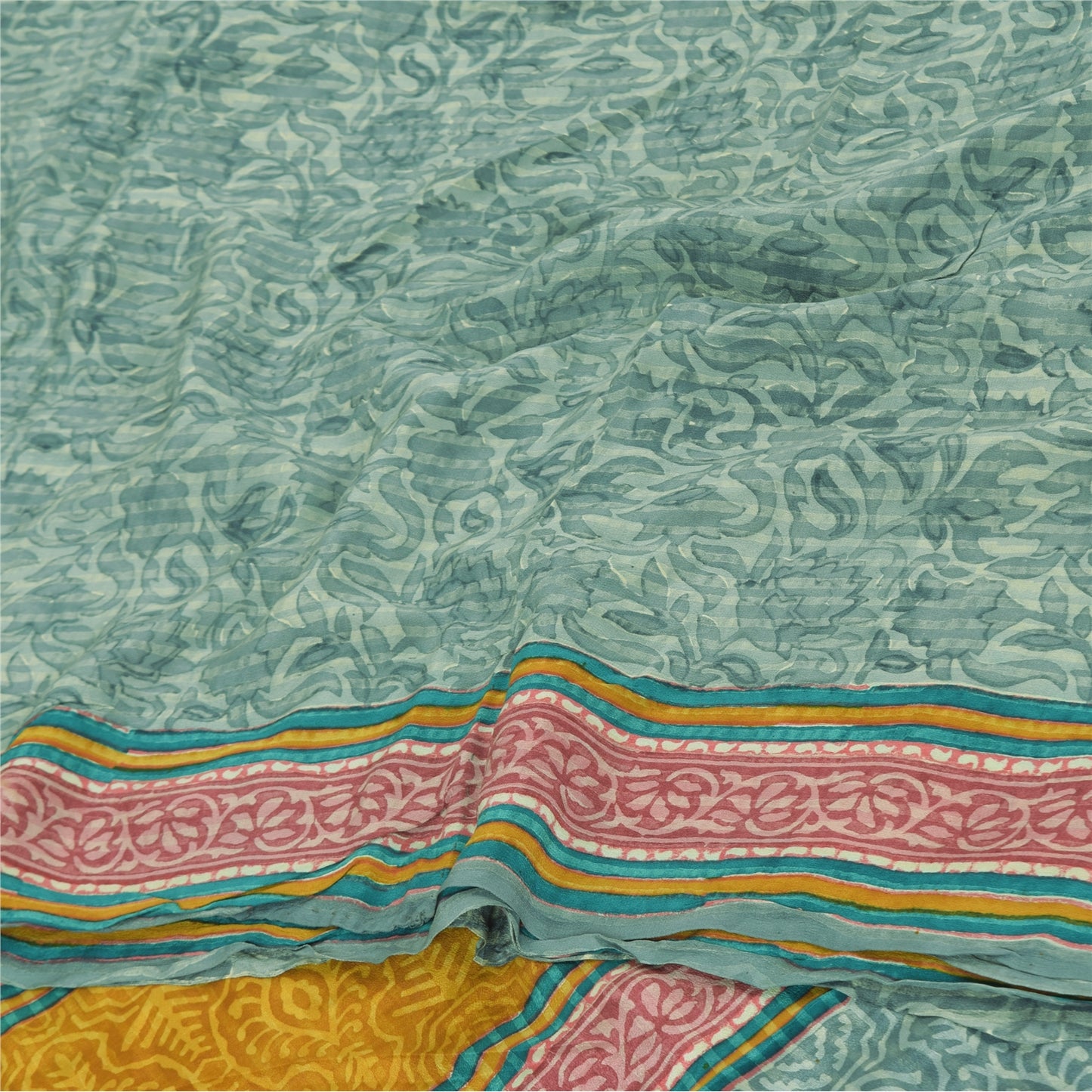 Sanskriti Vintage Sarees Green Pure Crepe Silk Printed Sari 6+yd Craft Fabric