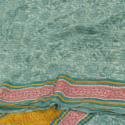 Sanskriti Vintage Sarees Green Pure Crepe Silk Printed Sari 6+yd Craft Fabric
