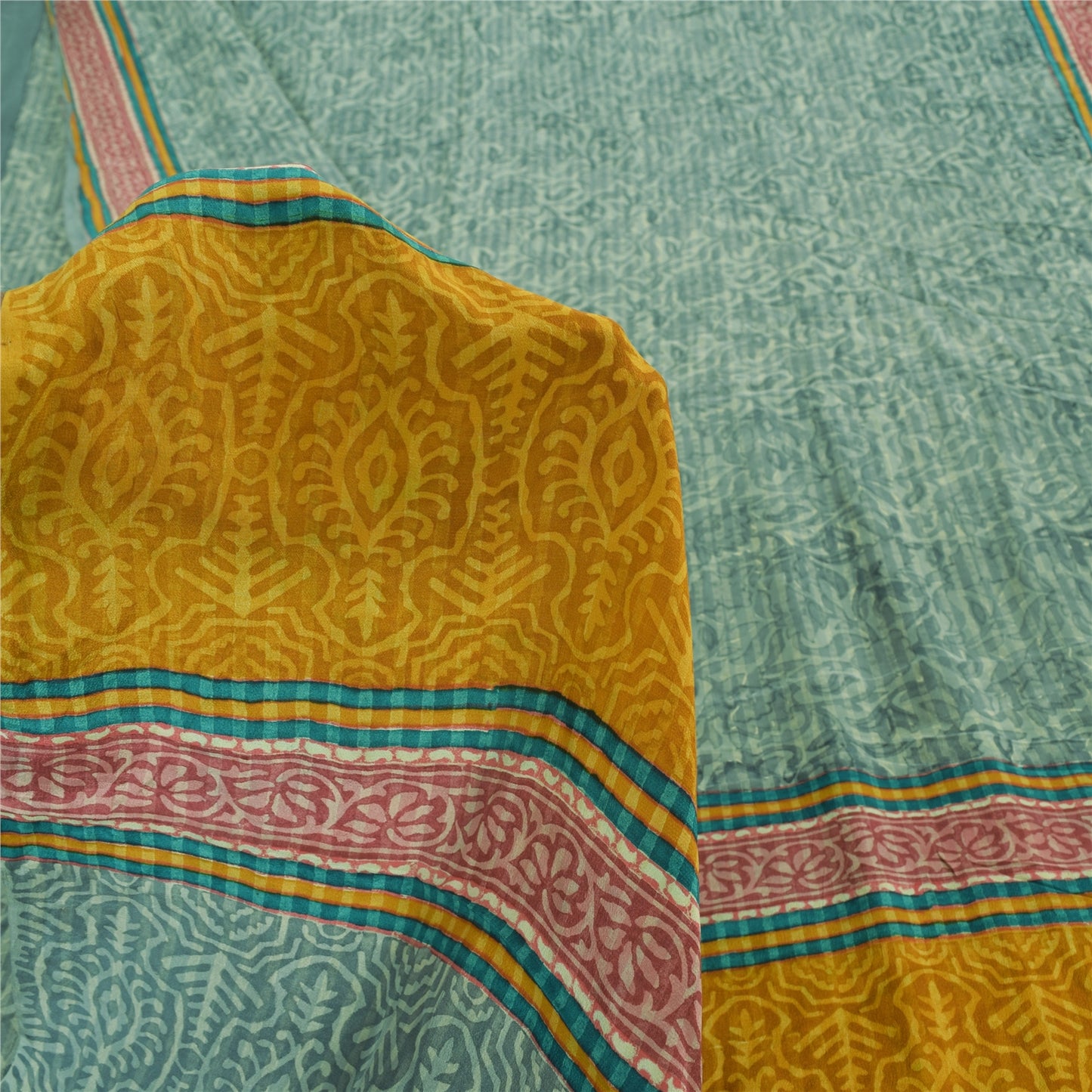 Sanskriti Vintage Sarees Green Pure Crepe Silk Printed Sari 6+yd Craft Fabric