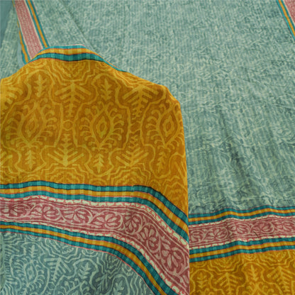 Sanskriti Vintage Sarees Green Pure Crepe Silk Printed Sari 6+yd Craft Fabric
