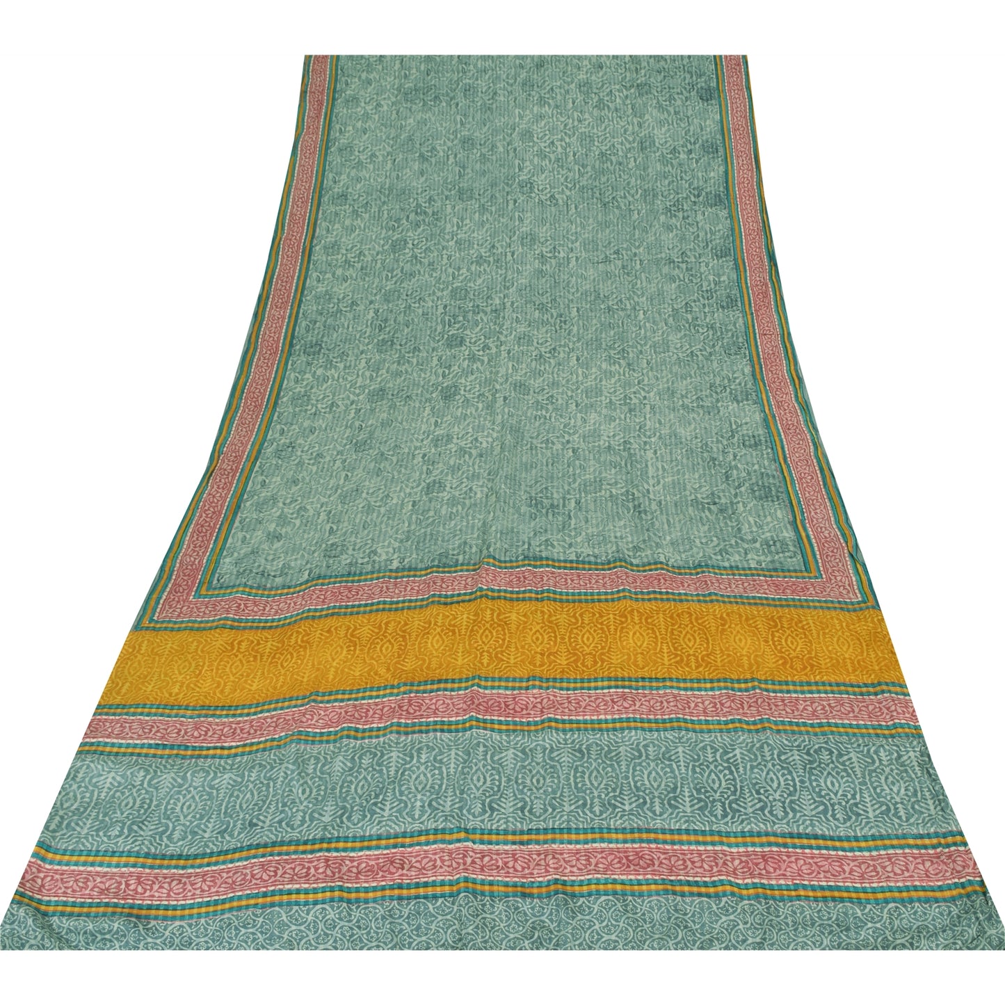 Sanskriti Vintage Sarees Green Pure Crepe Silk Printed Sari 6+yd Craft Fabric