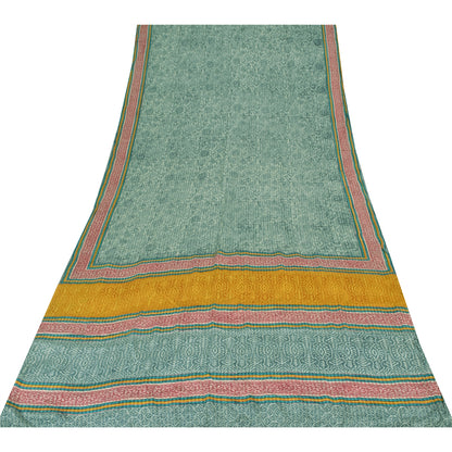 Sanskriti Vintage Sarees Green Pure Crepe Silk Printed Sari 6+yd Craft Fabric