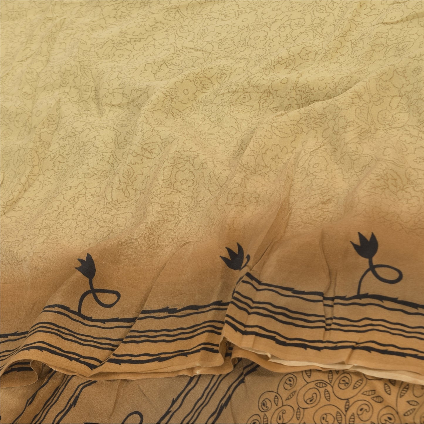 Sanskriti Vintage Sarees Beige Pure Crepe Silk Printed Sari 5+yd Craft Sustainable Fabric