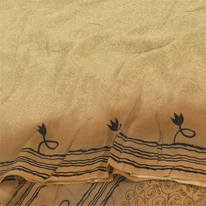 Sanskriti Vintage Sarees Beige Pure Crepe Silk Printed Sari 5+yd Craft Sustainable Fabric