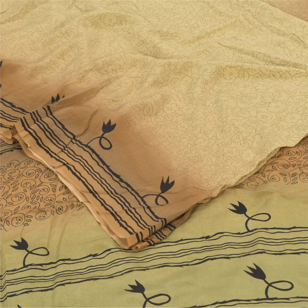 Sanskriti Vintage Sarees Beige Pure Crepe Silk Printed Sari 5+yd Craft Sustainable Fabric