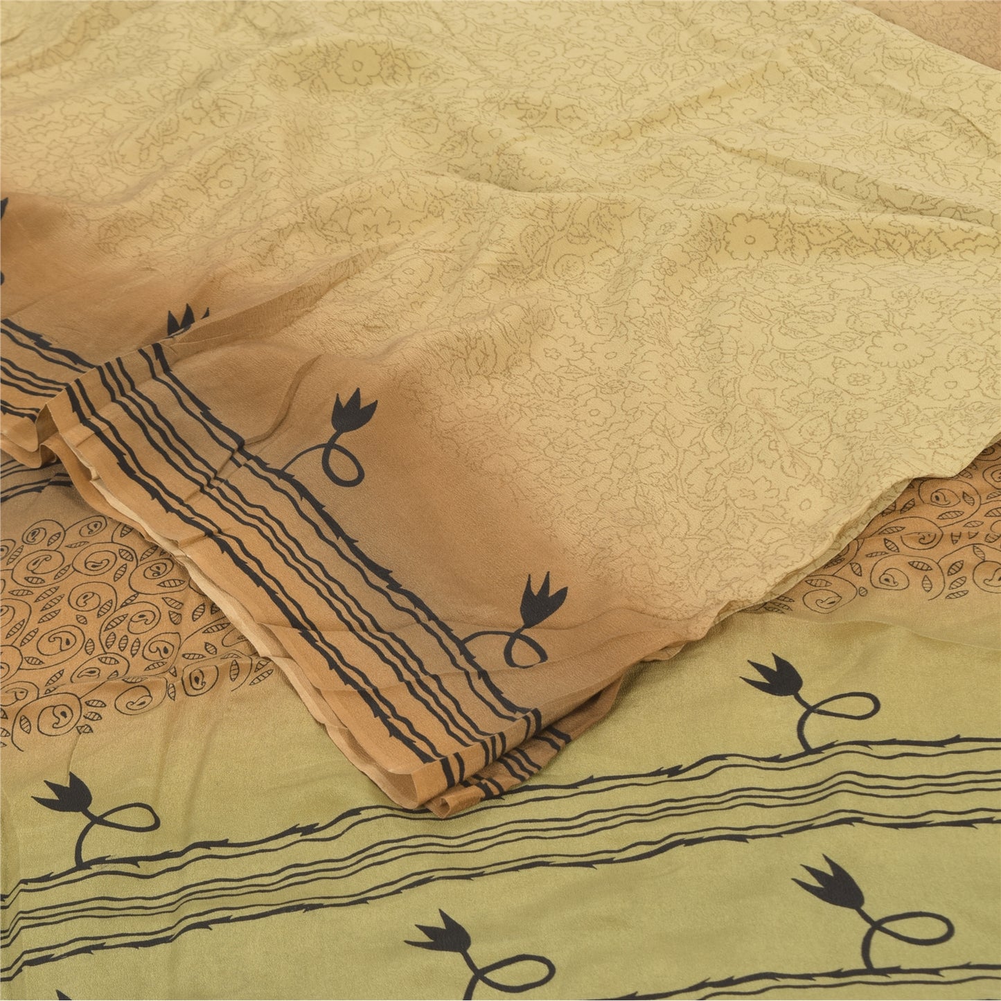 Sanskriti Vintage Sarees Beige Pure Crepe Silk Printed Sari 5+yd Craft Sustainable Fabric