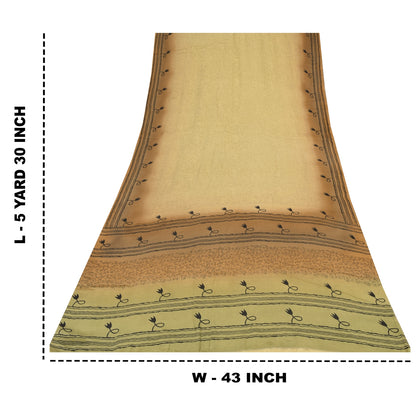 Sanskriti Vintage Sarees Beige Pure Crepe Silk Printed Sari 5+yd Craft Sustainable Fabric