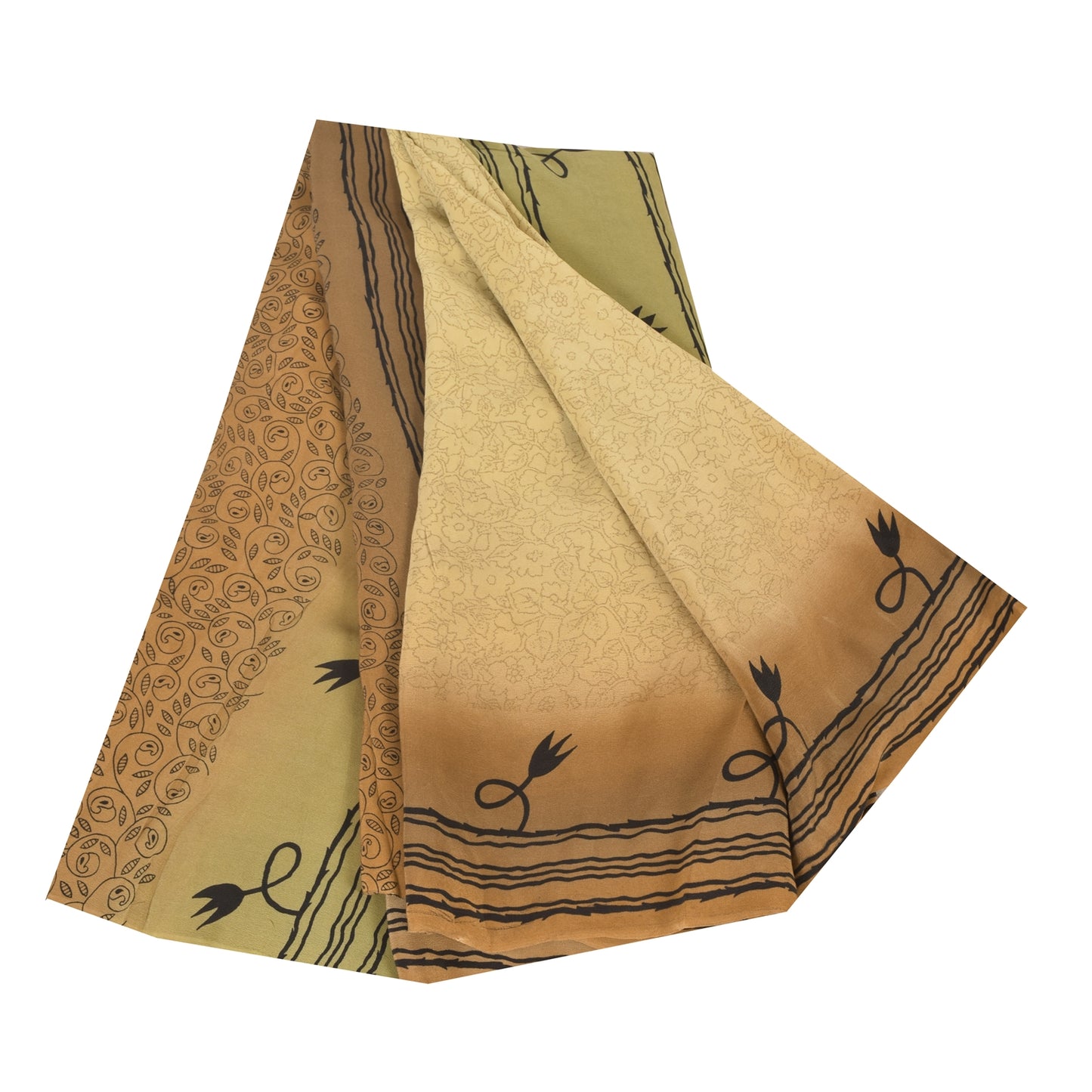 Sanskriti Vintage Sarees Beige Pure Crepe Silk Printed Sari 5+yd Craft Sustainable Fabric