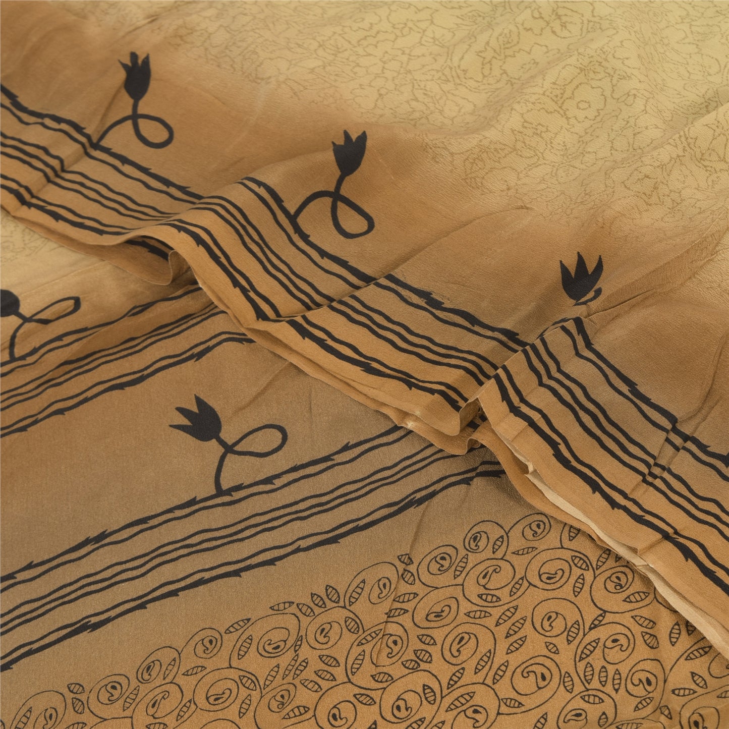 Sanskriti Vintage Sarees Beige Pure Crepe Silk Printed Sari 5+yd Craft Sustainable Fabric