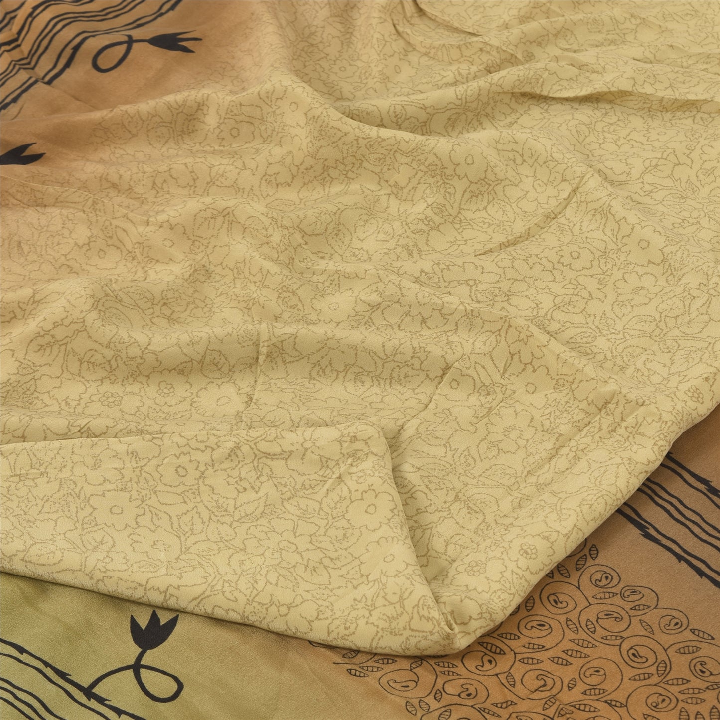 Sanskriti Vintage Sarees Beige Pure Crepe Silk Printed Sari 5+yd Craft Sustainable Fabric