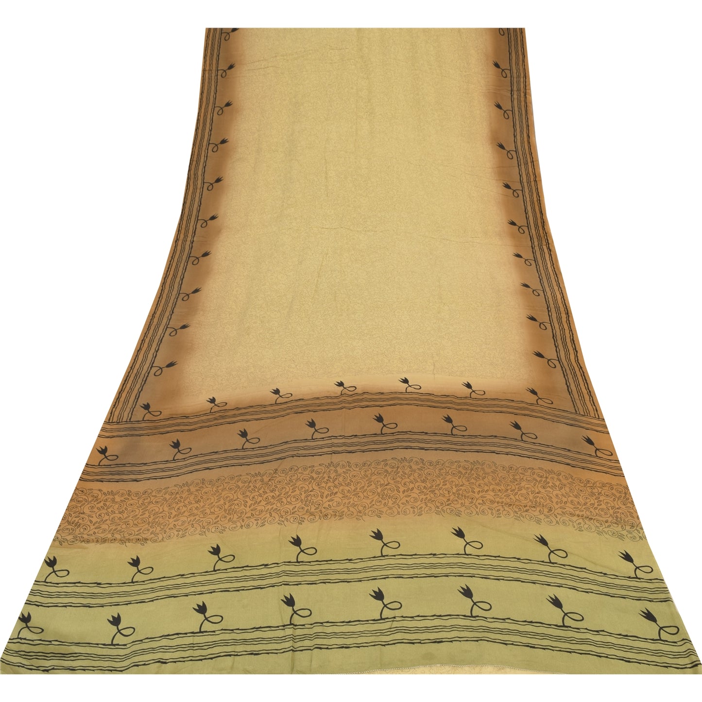 Sanskriti Vintage Sarees Beige Pure Crepe Silk Printed Sari 5+yd Craft Sustainable Fabric