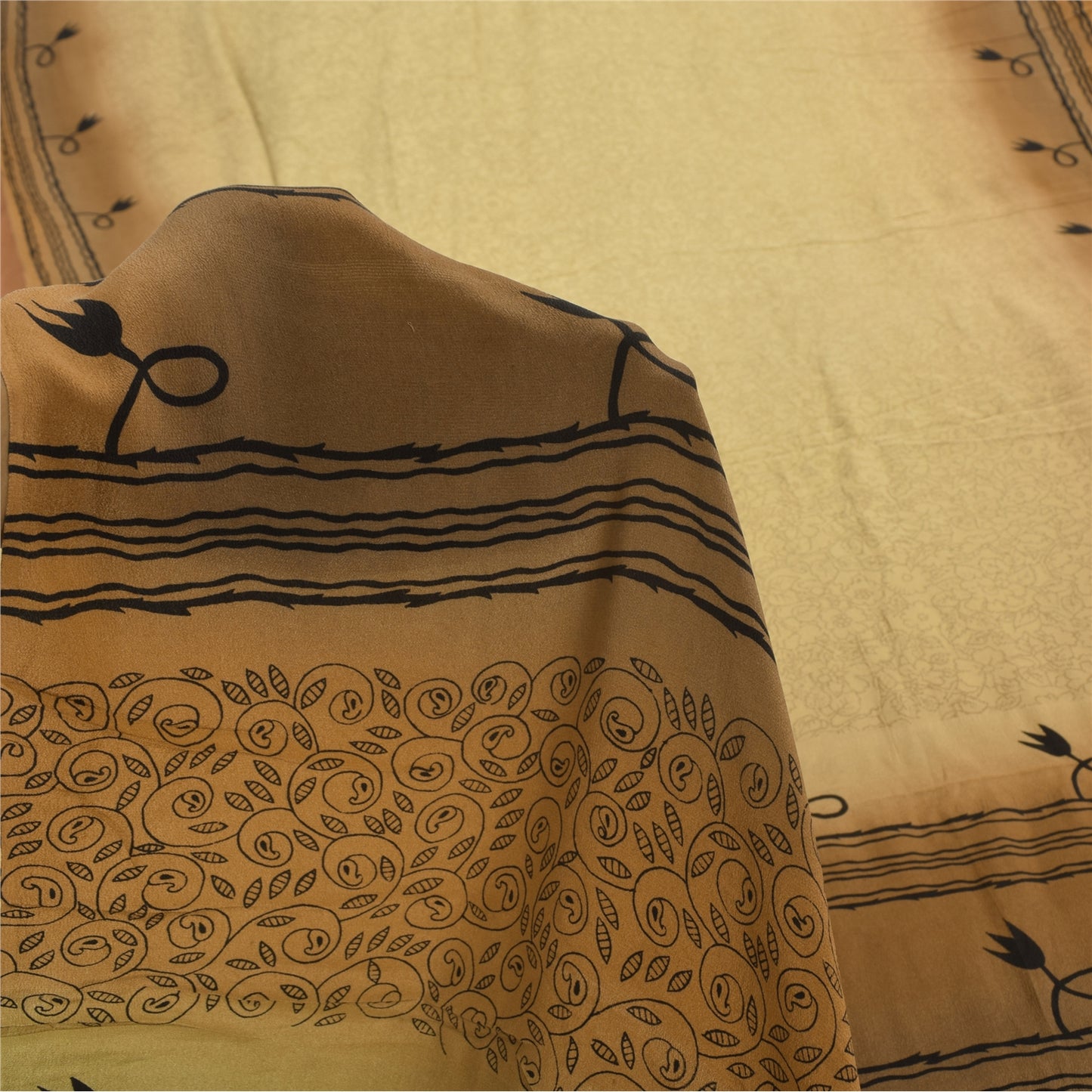 Sanskriti Vintage Sarees Beige Pure Crepe Silk Printed Sari 5+yd Craft Sustainable Fabric