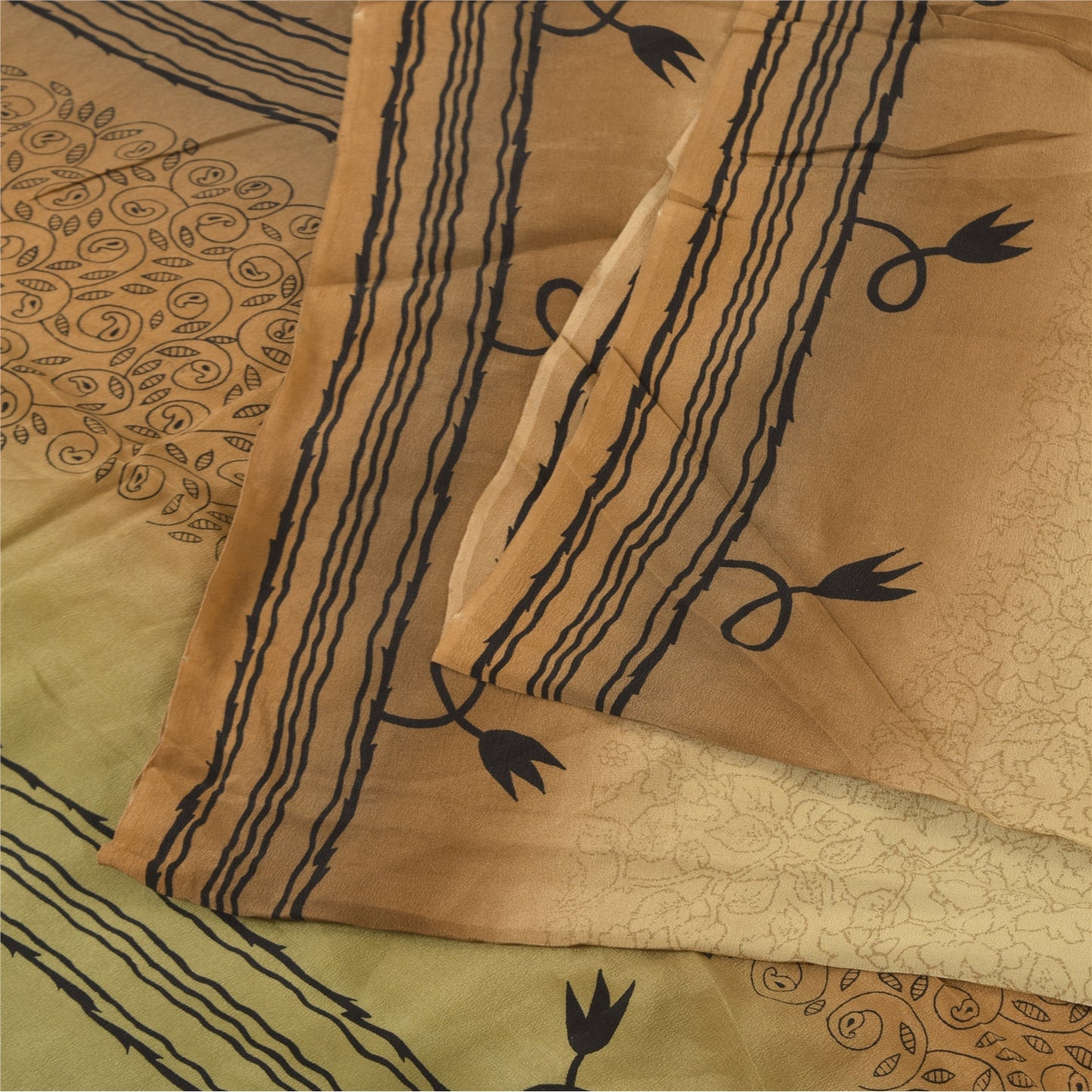 Sanskriti Vintage Sarees Beige Pure Crepe Silk Printed Sari 5+yd Craft Sustainable Fabric