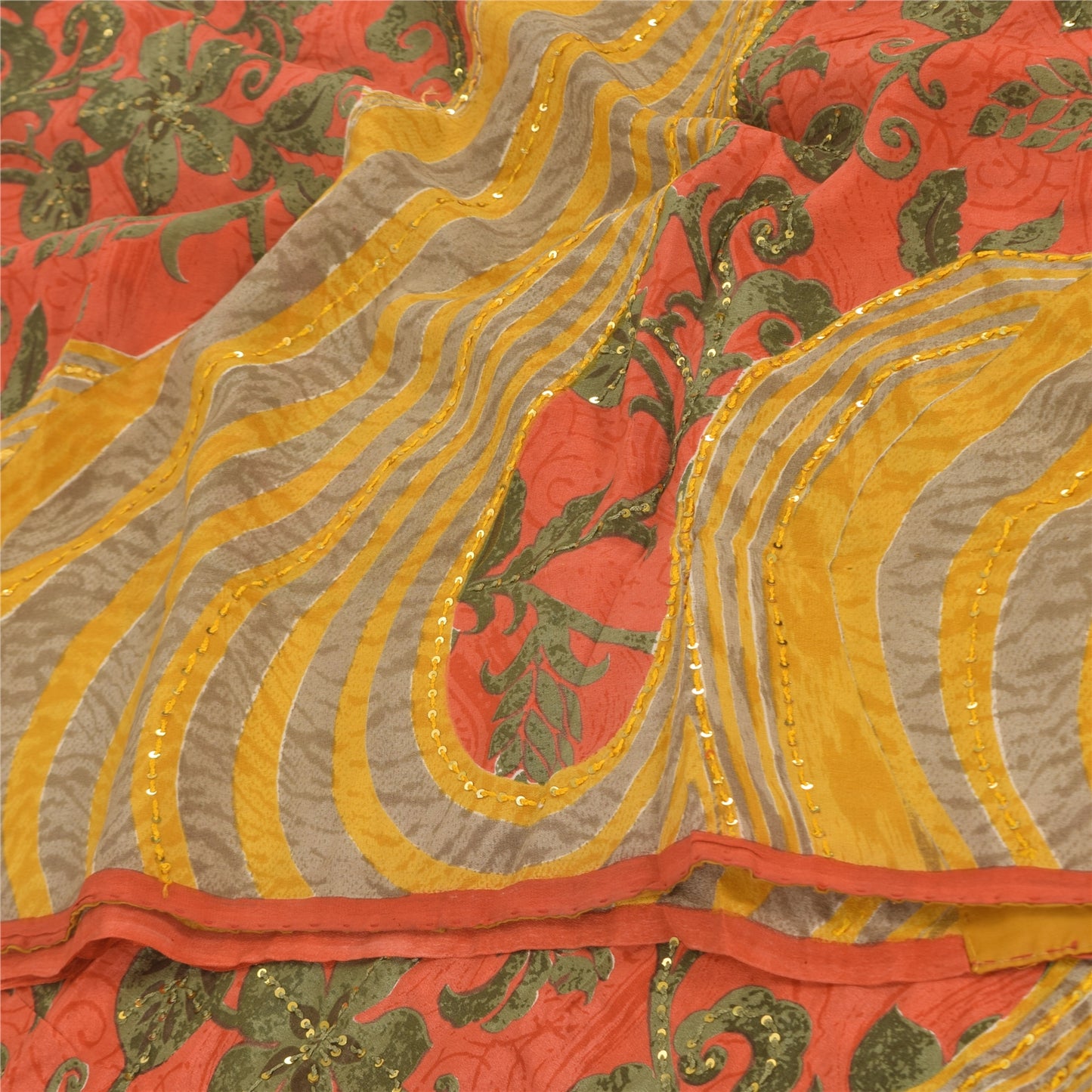 Sanskriti Vintage Sarees Hand Beaded Pure Crepe Printed Sari 5+yd Craft Sustainable Fabric