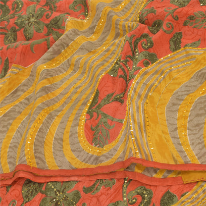 Sanskriti Vintage Sarees Hand Beaded Pure Crepe Printed Sari 5+yd Craft Sustainable Fabric