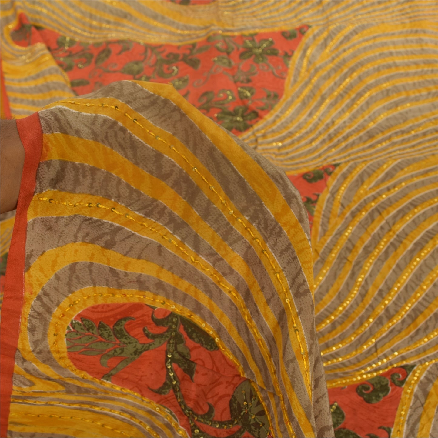 Sanskriti Vintage Sarees Hand Beaded Pure Crepe Printed Sari 5+yd Craft Sustainable Fabric