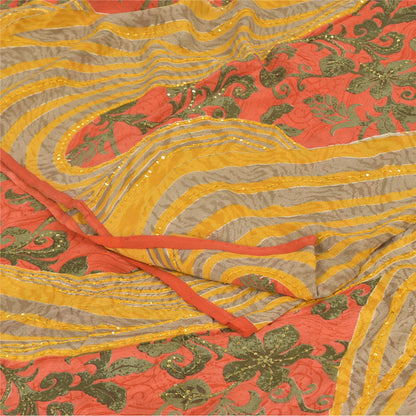 Sanskriti Vintage Sarees Hand Beaded Pure Crepe Printed Sari 5+yd Craft Sustainable Fabric