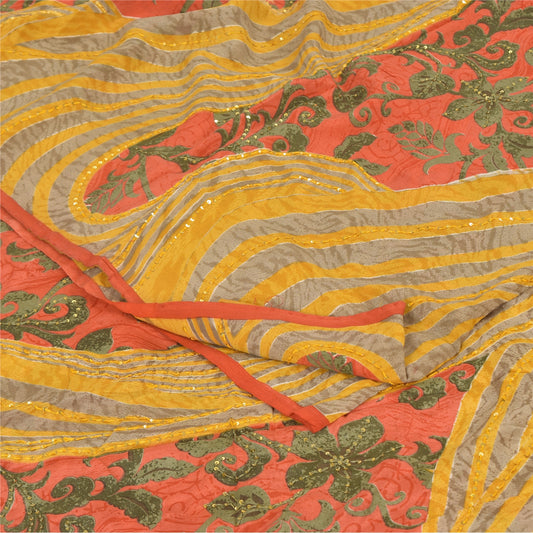 Sanskriti Vintage Sarees Hand Beaded Pure Crepe Printed Sari 5+yd Craft Sustainable Fabric