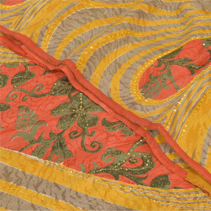 Sanskriti Vintage Sarees Hand Beaded Pure Crepe Printed Sari 5+yd Craft Sustainable Fabric