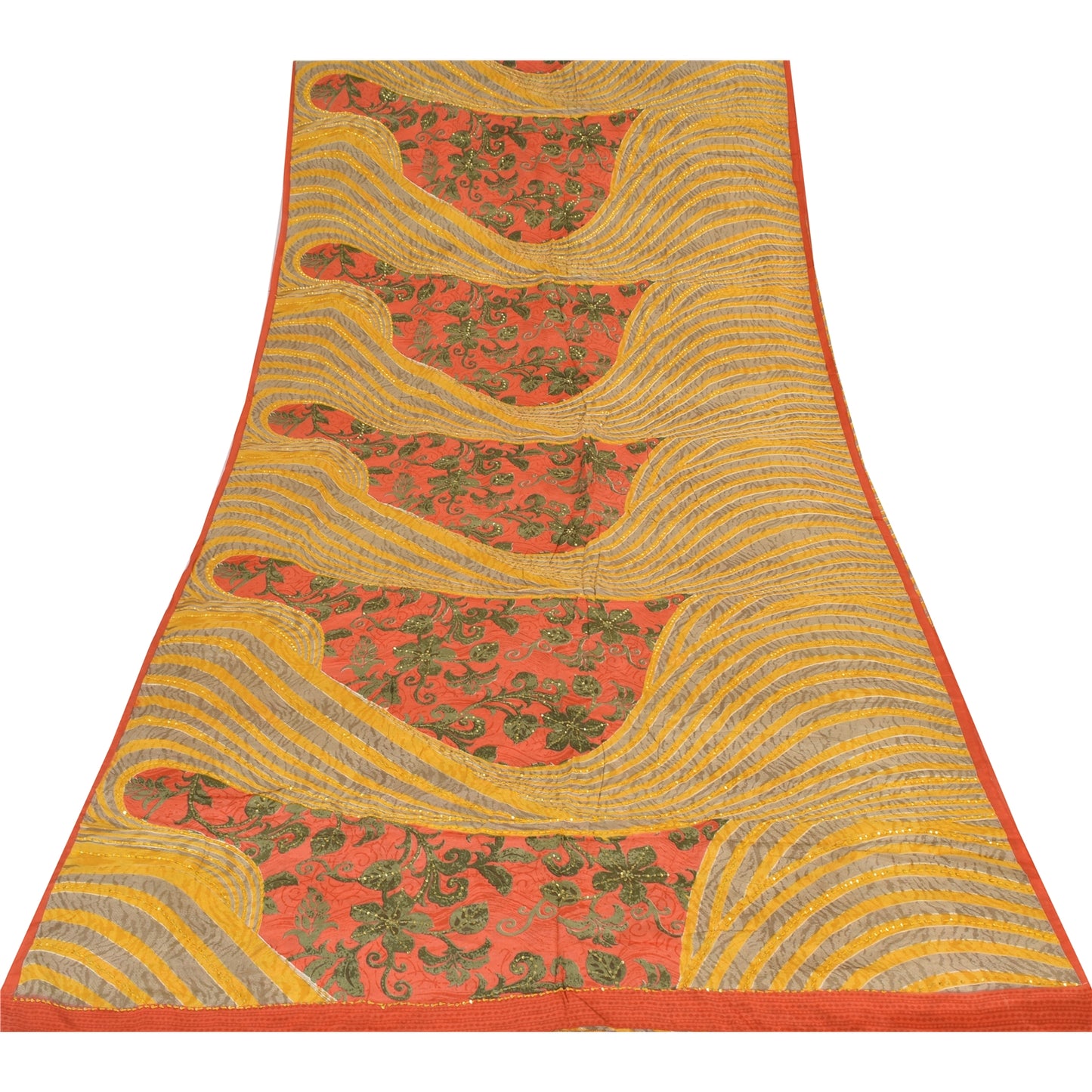 Sanskriti Vintage Sarees Hand Beaded Pure Crepe Printed Sari 5+yd Craft Sustainable Fabric