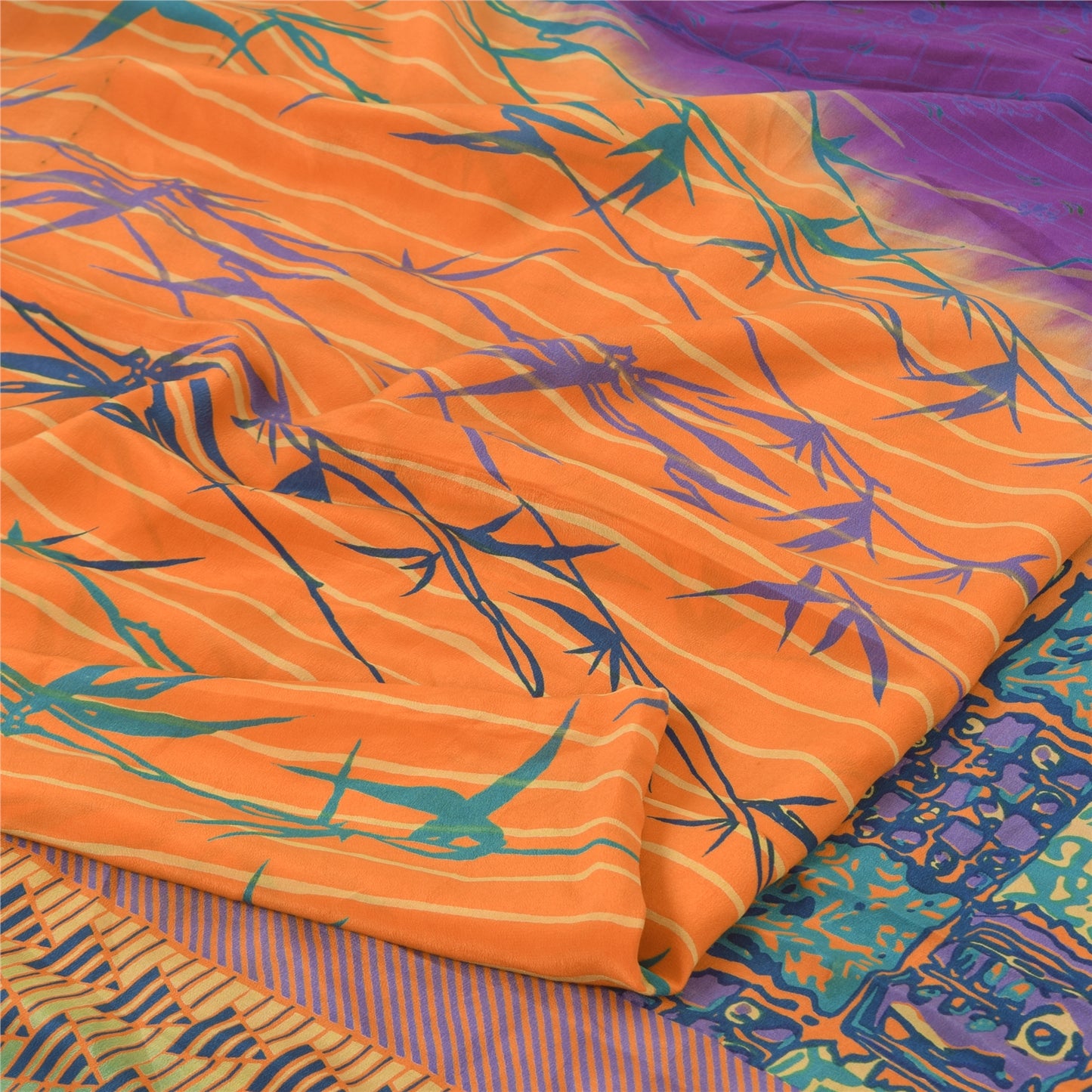 Sanskriti Vintage Sarees Purple/Orange Pure Crepe Printed Sari 5+yd Craft Sustainable Fabric