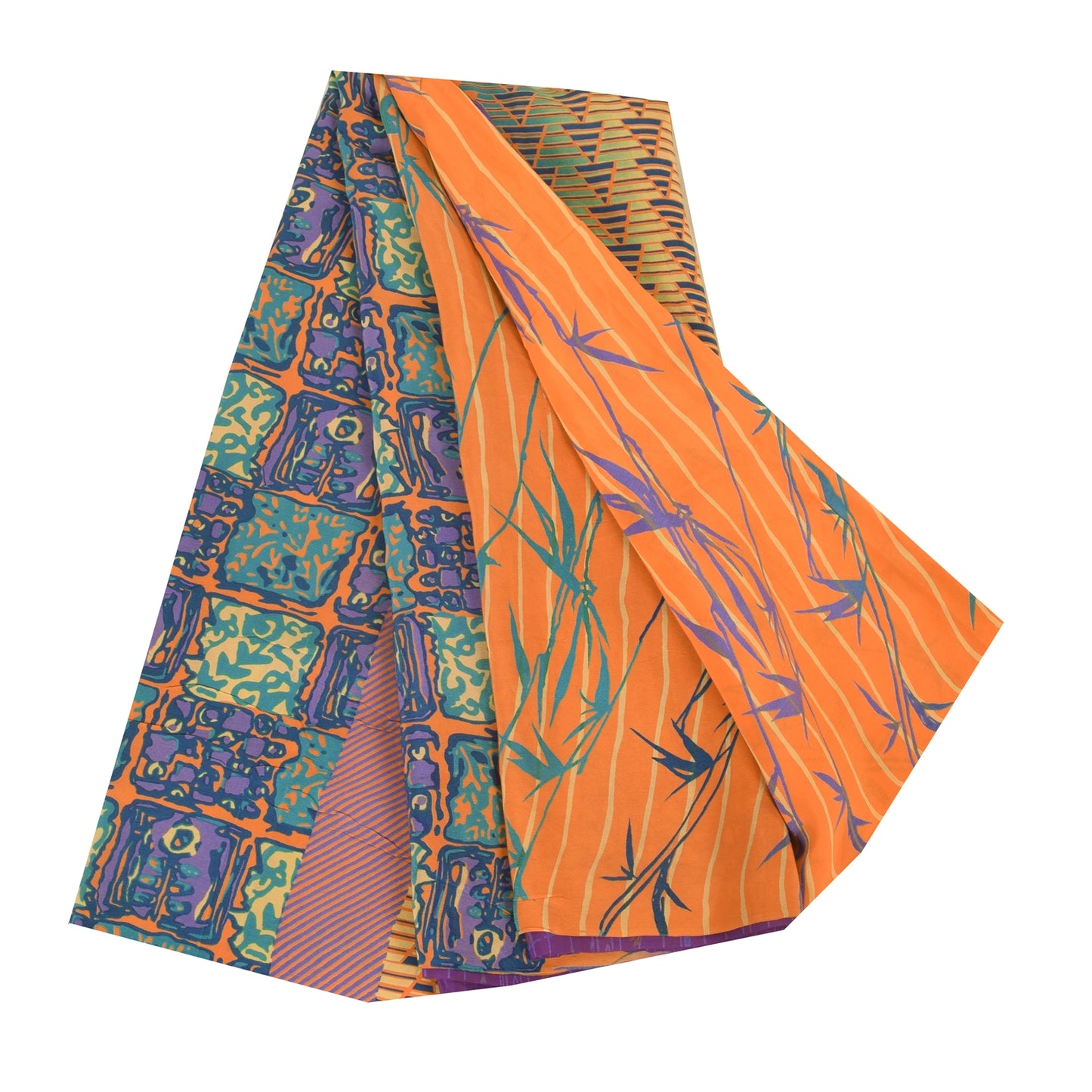 Sanskriti Vintage Sarees Purple/Orange Pure Crepe Printed Sari 5+yd Craft Sustainable Fabric