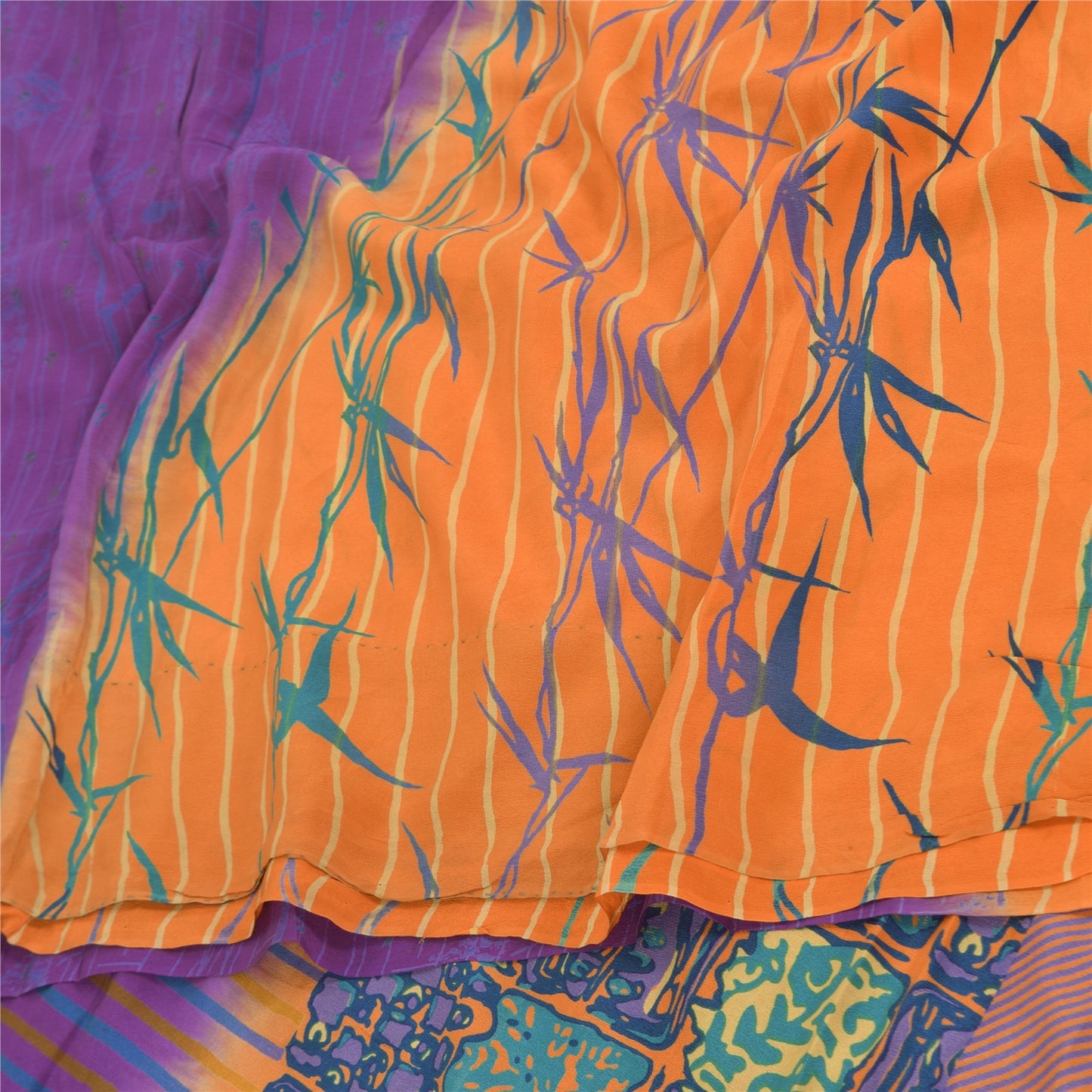 Sanskriti Vintage Sarees Purple/Orange Pure Crepe Printed Sari 5+yd Craft Sustainable Fabric