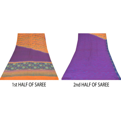 Sanskriti Vintage Sarees Purple/Orange Pure Crepe Printed Sari 5+yd Craft Sustainable Fabric