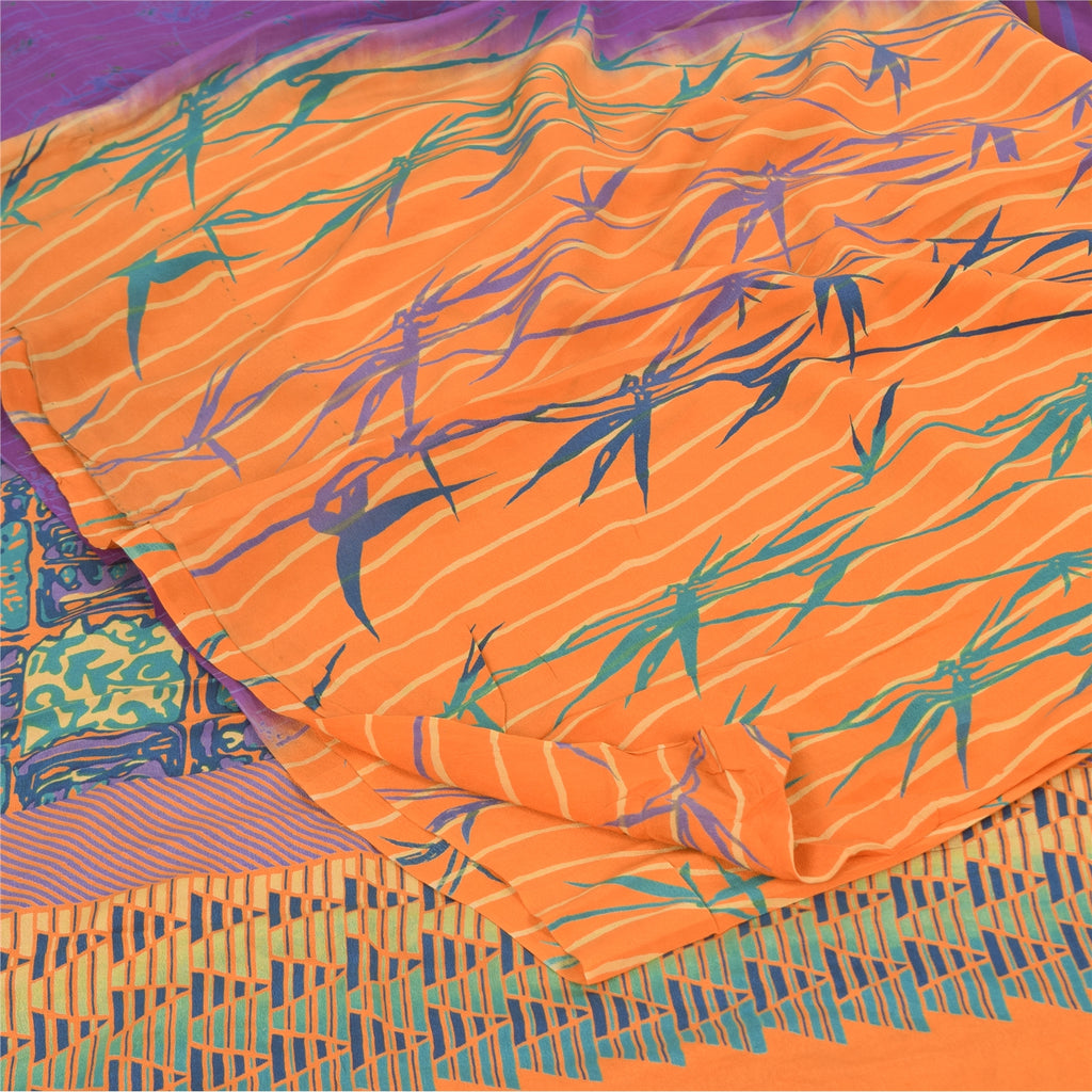 Sanskriti Vintage Sarees Purple/Orange Pure Crepe Printed Sari 5+yd Craft Sustainable Fabric