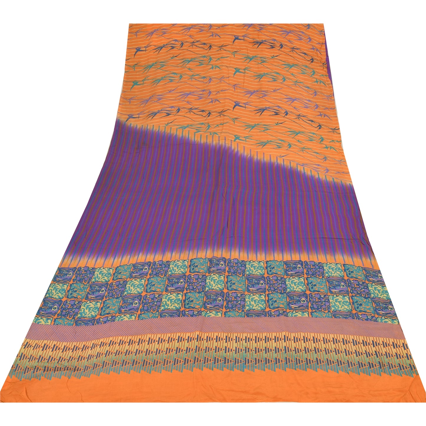 Sanskriti Vintage Sarees Purple/Orange Pure Crepe Printed Sari 5+yd Craft Sustainable Fabric