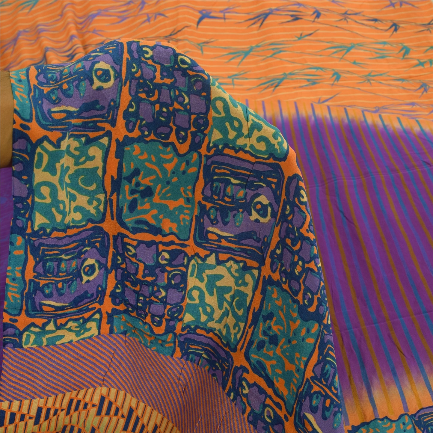 Sanskriti Vintage Sarees Purple/Orange Pure Crepe Printed Sari 5+yd Craft Sustainable Fabric