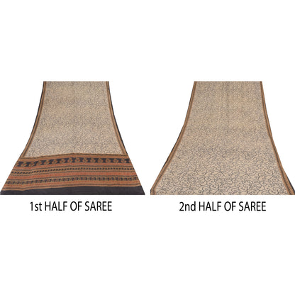 Sanskriti Vintage Sarees Ivory Pure Crepe Silk Printed Sari 5+yd Craft Sustainable Fabric