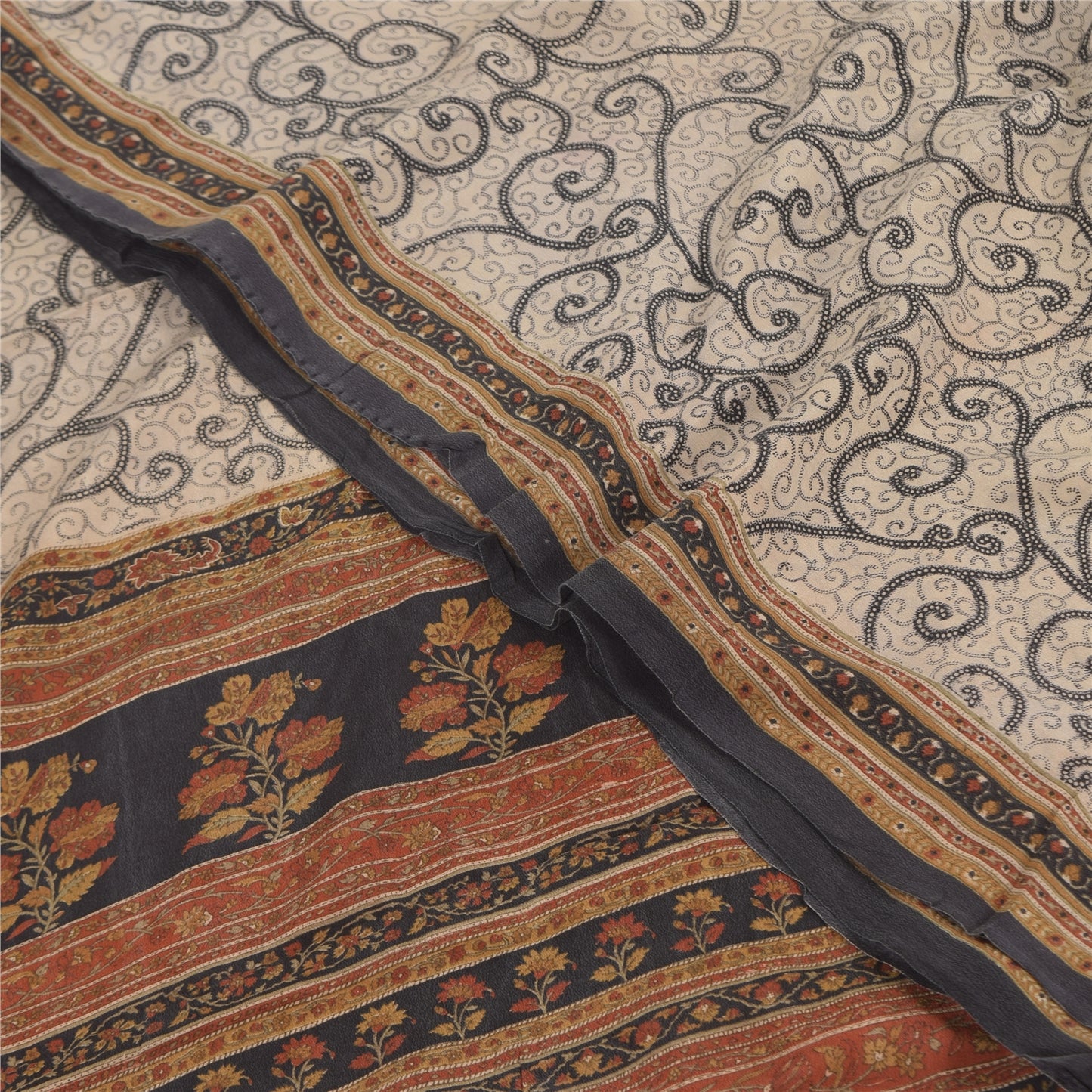 Sanskriti Vintage Sarees Ivory Pure Crepe Silk Printed Sari 5+yd Craft Sustainable Fabric