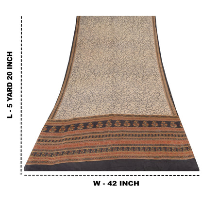 Sanskriti Vintage Sarees Ivory Pure Crepe Silk Printed Sari 5+yd Craft Sustainable Fabric