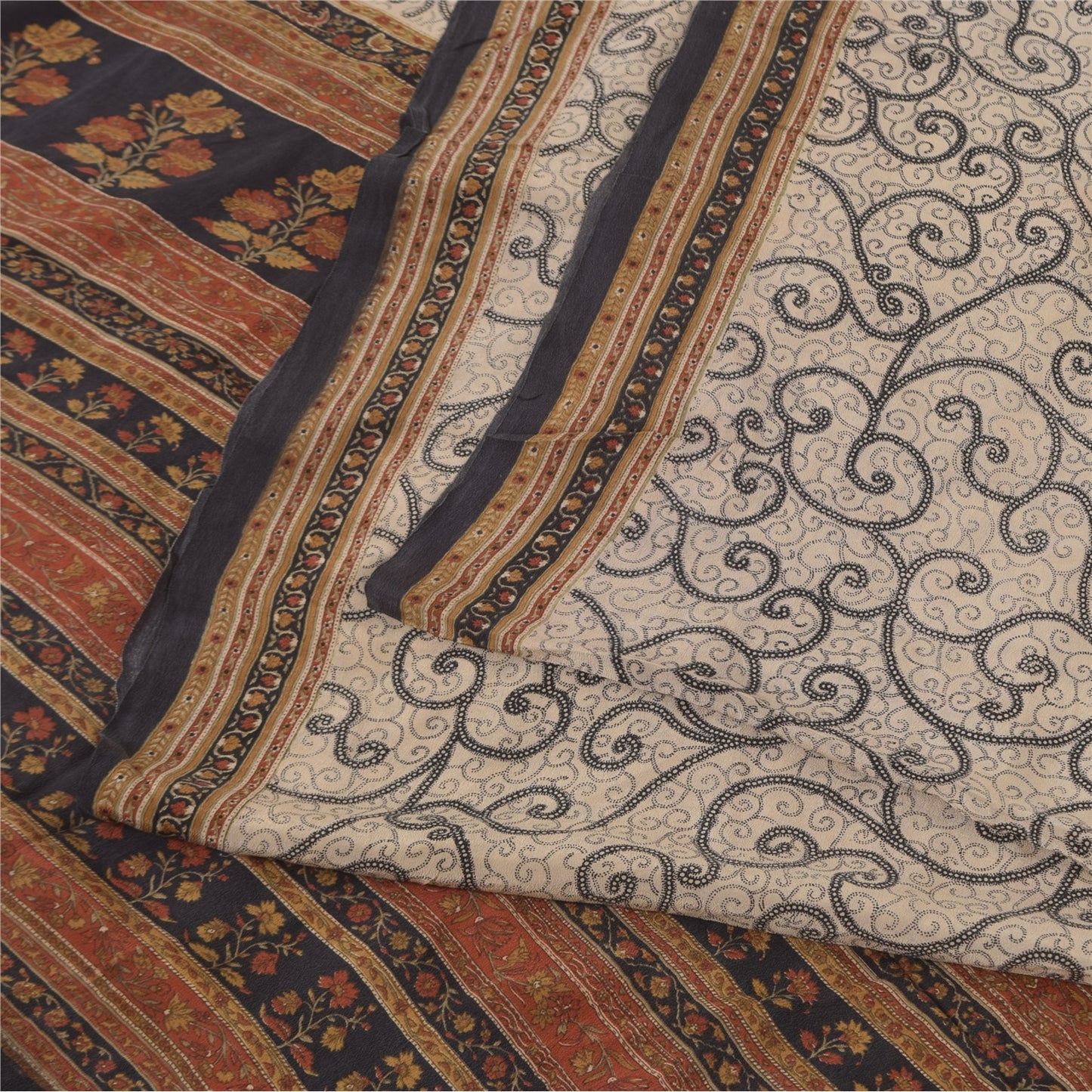 Sanskriti Vintage Sarees Ivory Pure Crepe Silk Printed Sari 5+yd Craft Sustainable Fabric