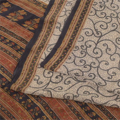 Sanskriti Vintage Sarees Ivory Pure Crepe Silk Printed Sari 5+yd Craft Sustainable Fabric