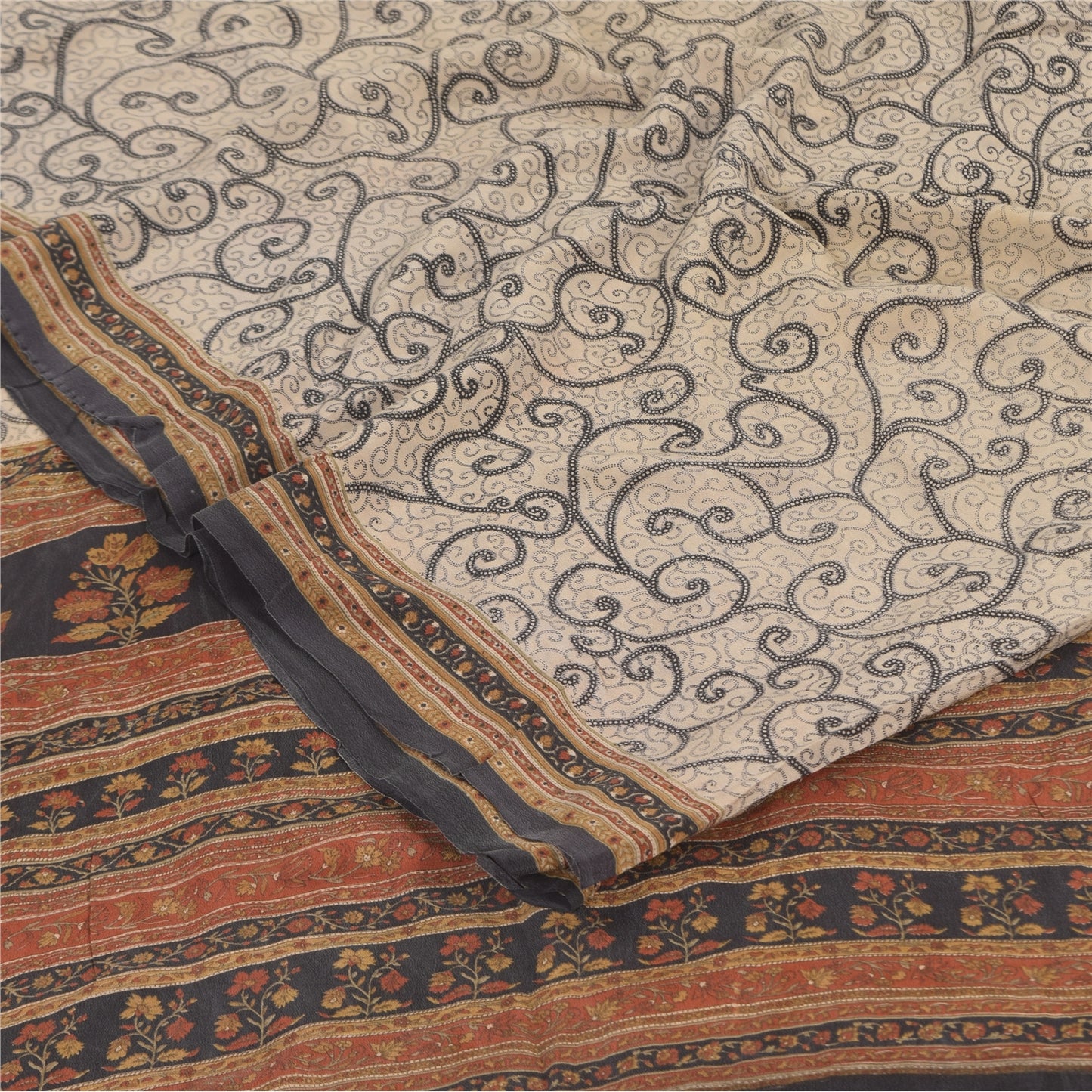 Sanskriti Vintage Sarees Ivory Pure Crepe Silk Printed Sari 5+yd Craft Sustainable Fabric