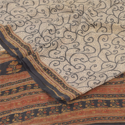 Sanskriti Vintage Sarees Ivory Pure Crepe Silk Printed Sari 5+yd Craft Sustainable Fabric