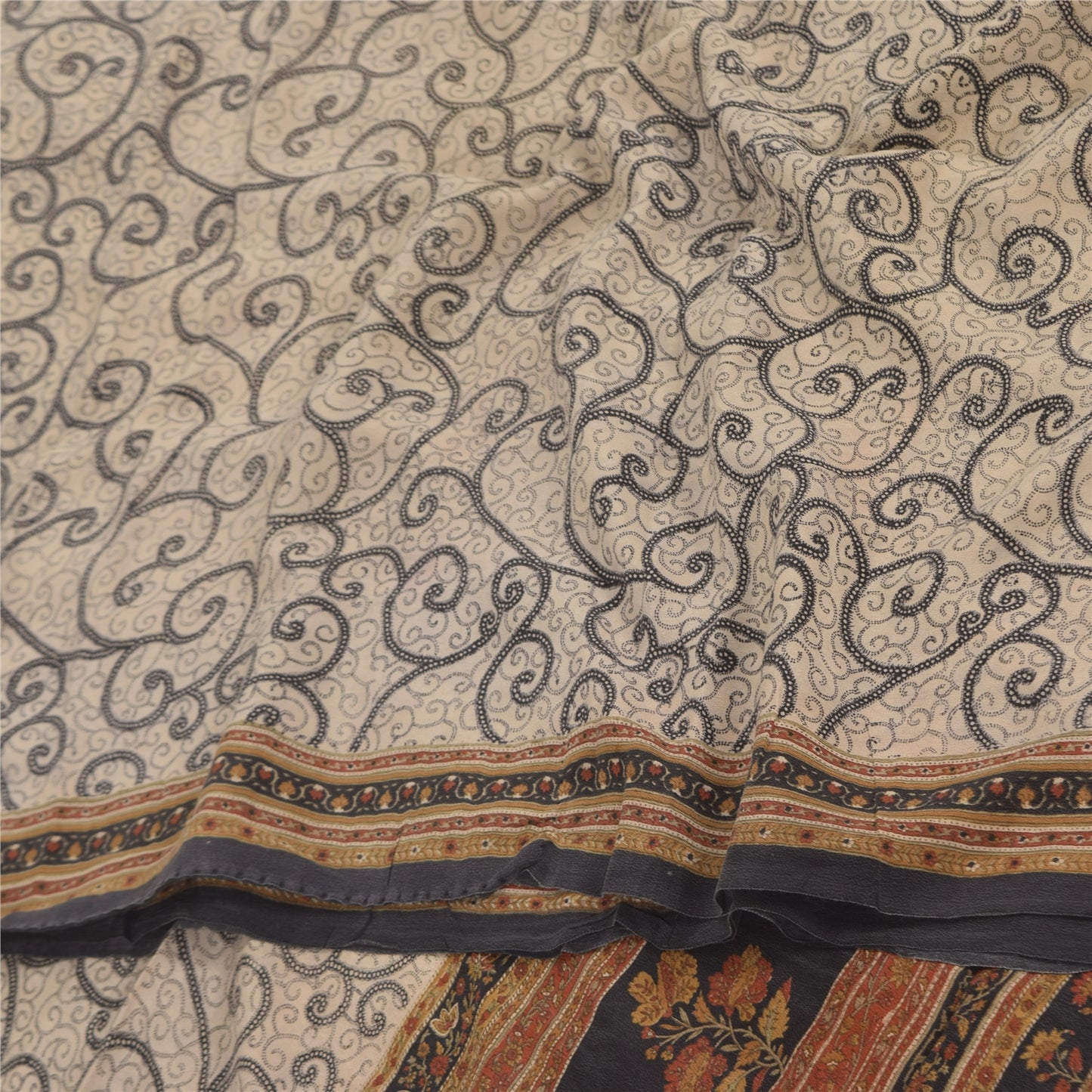 Sanskriti Vintage Sarees Ivory Pure Crepe Silk Printed Sari 5+yd Craft Sustainable Fabric