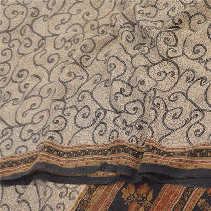 Sanskriti Vintage Sarees Ivory Pure Crepe Silk Printed Sari 5+yd Craft Sustainable Fabric