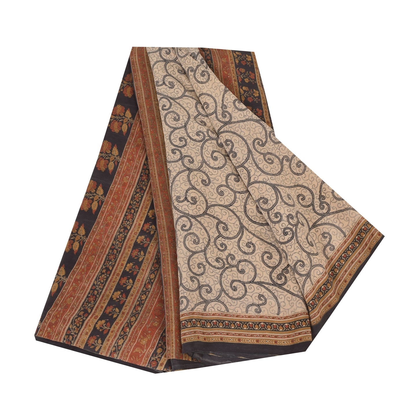 Sanskriti Vintage Sarees Ivory Pure Crepe Silk Printed Sari 5+yd Craft Sustainable Fabric