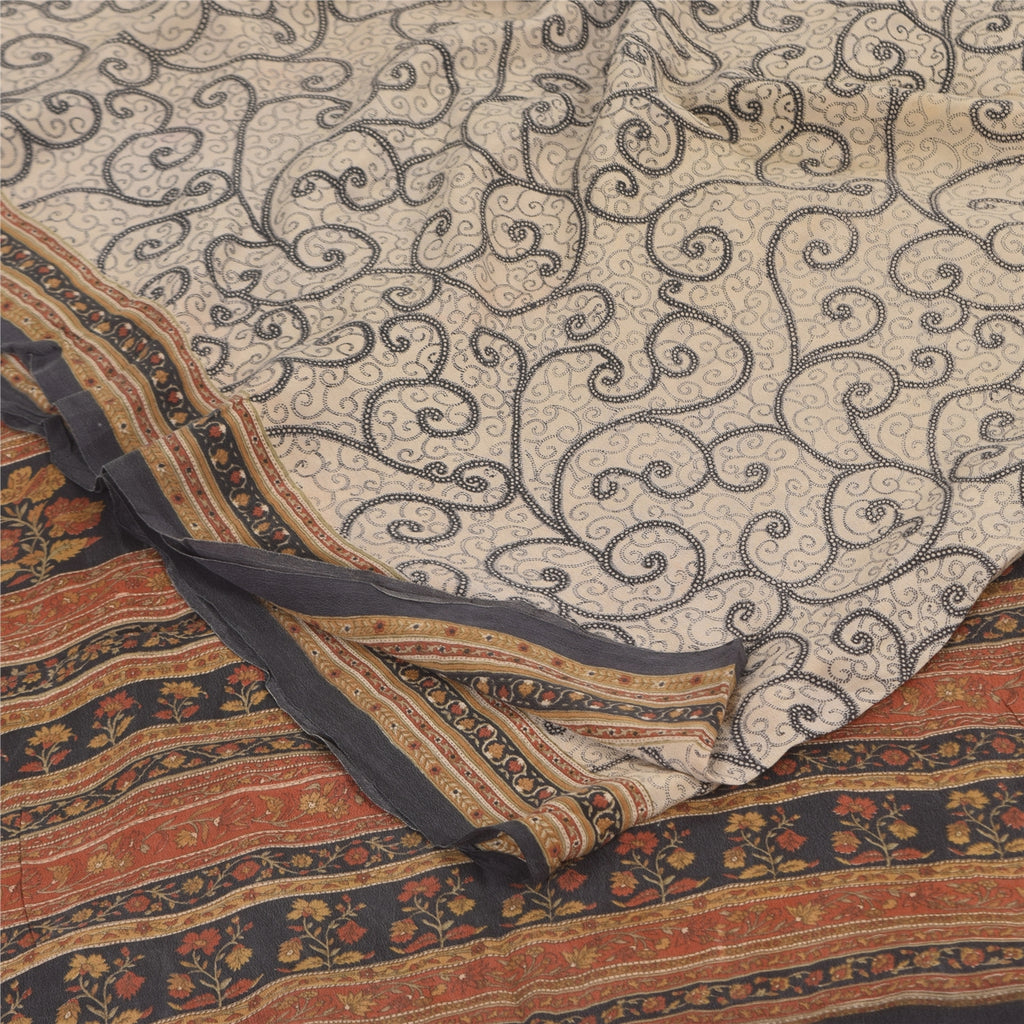 Sanskriti Vintage Sarees Ivory Pure Crepe Silk Printed Sari 5+yd Craft Sustainable Fabric