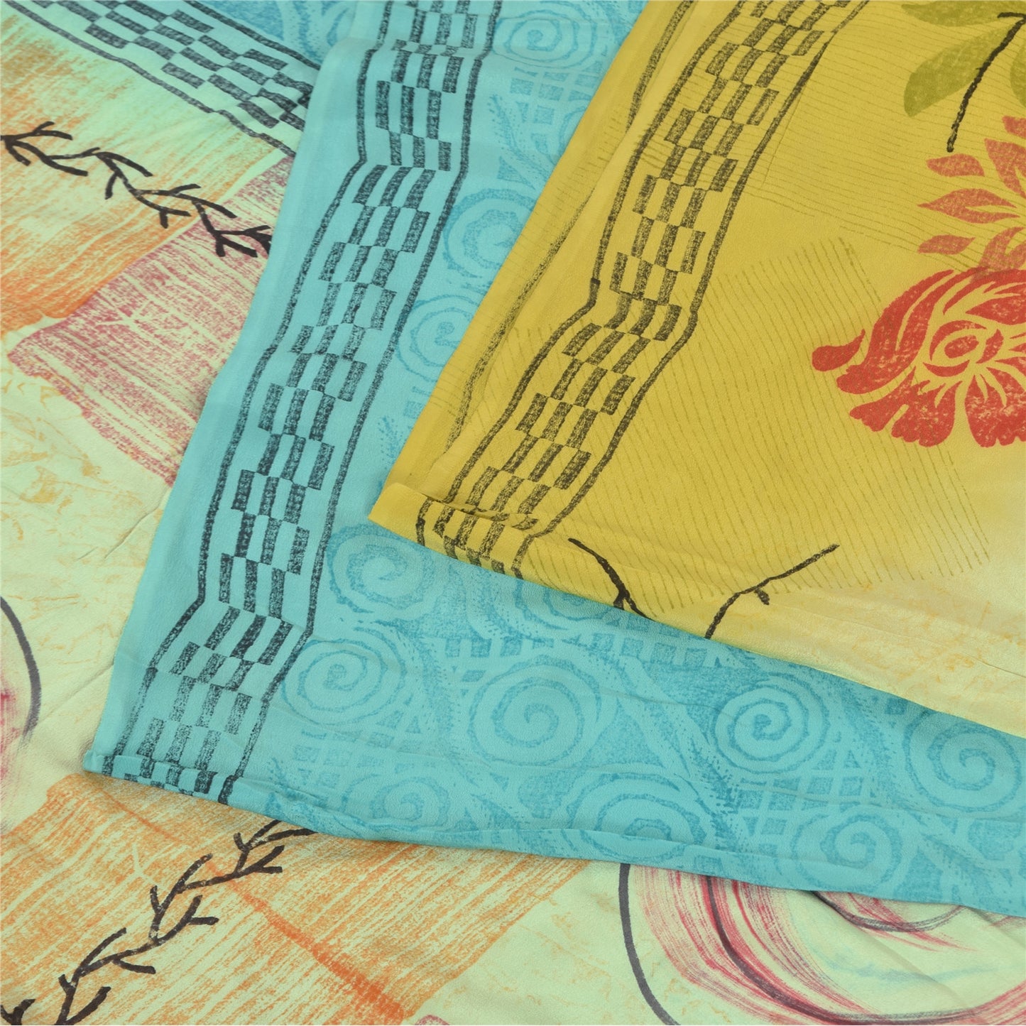 Sanskriti Vintage Sarees Multi Pure Crepe Silk Printed Sari 6+yd Craft Sustainable Fabric