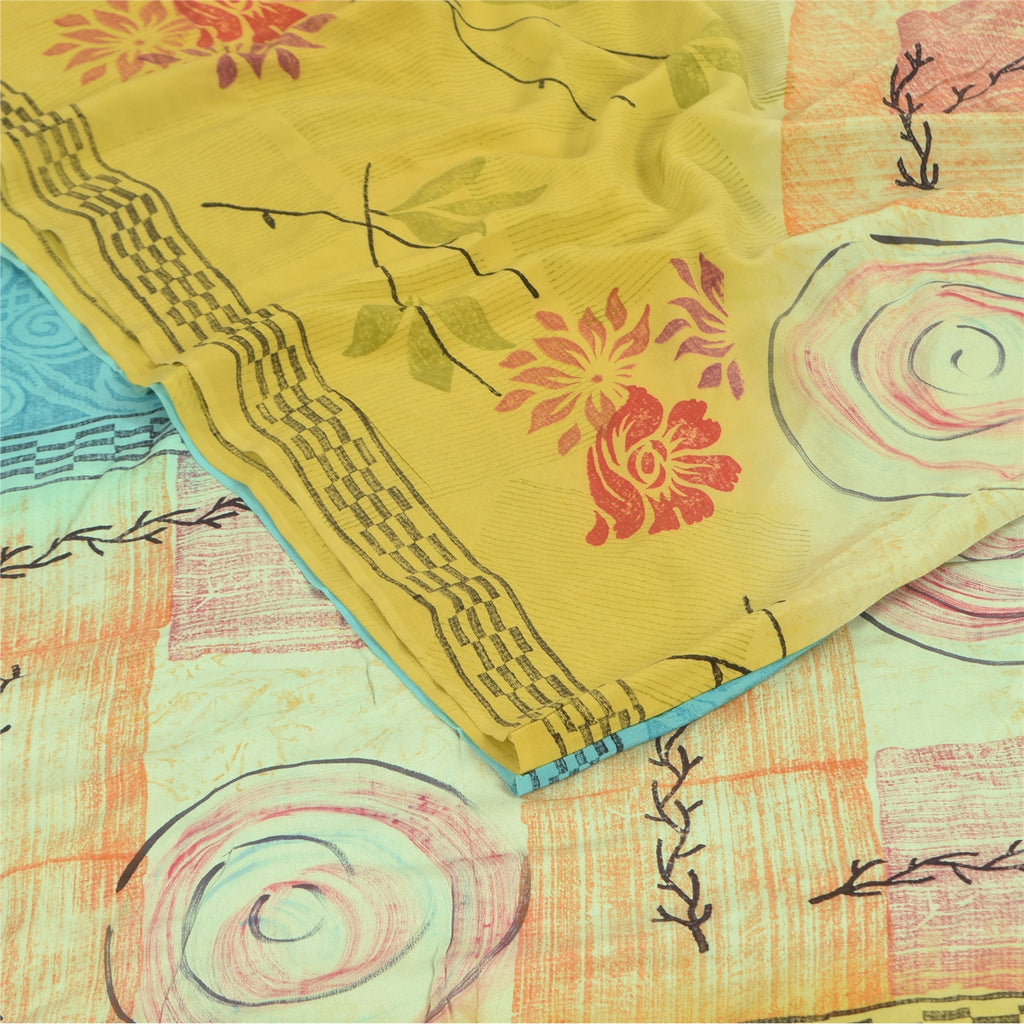 Sanskriti Vintage Sarees Multi Pure Crepe Silk Printed Sari 6+yd Craft Sustainable Fabric